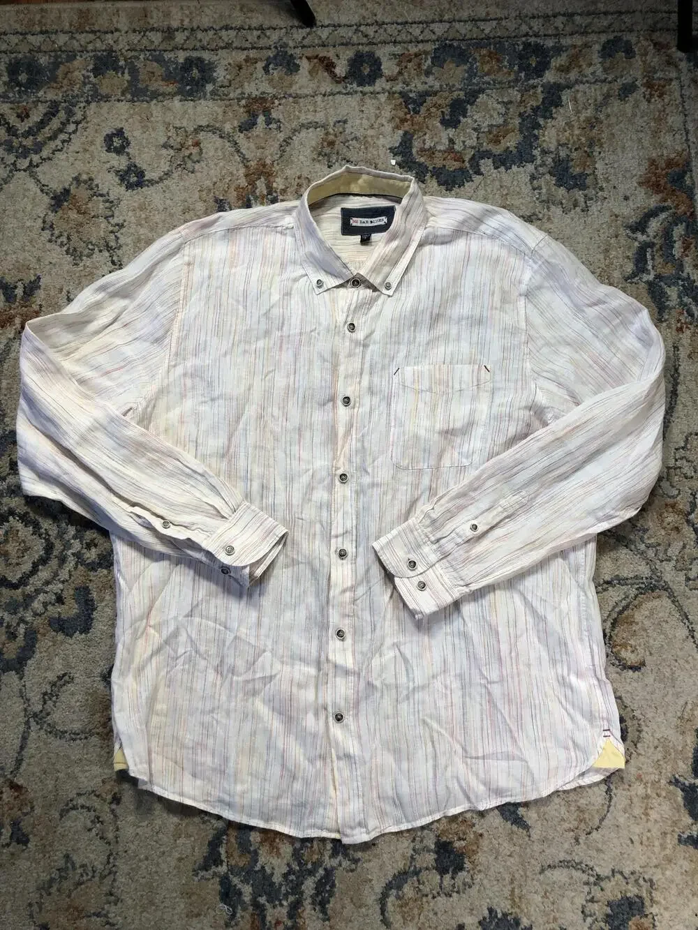 32 Bar Blues Shirt Mens XL White Stripe Long Sleeve Button Up Casual Lightweight